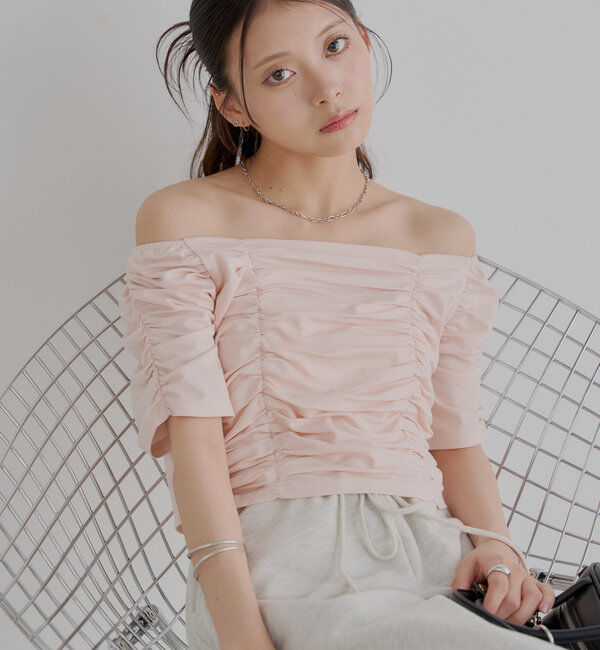  「ギャザーデザインスクエアT」|Tシャツ・カットソー|ピンク