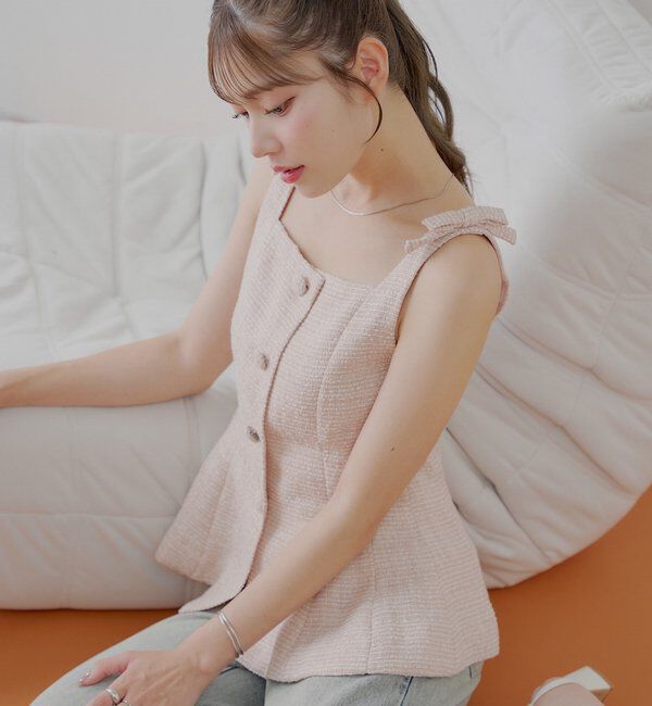  「【5色展開/セットアップ対応】フロントボタンツイードペプラムベスト」|シャツ・ブラウス|ピンク