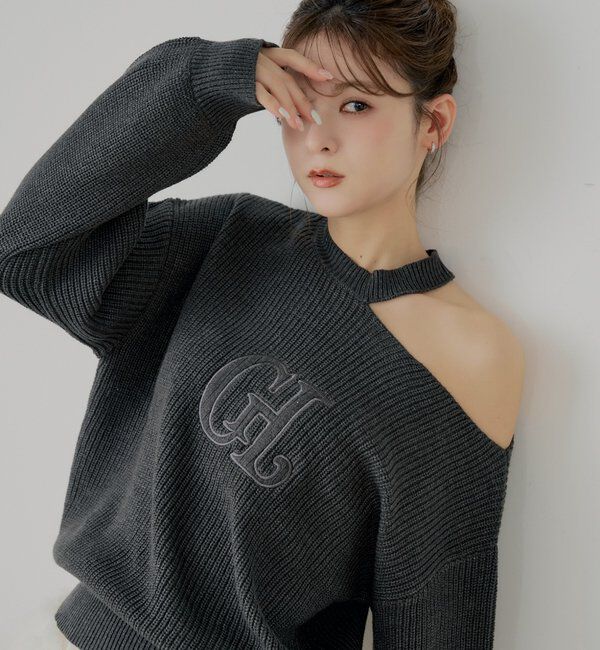  「肩スリットオフショルニット」|ニット・セーター|チャコールグレー