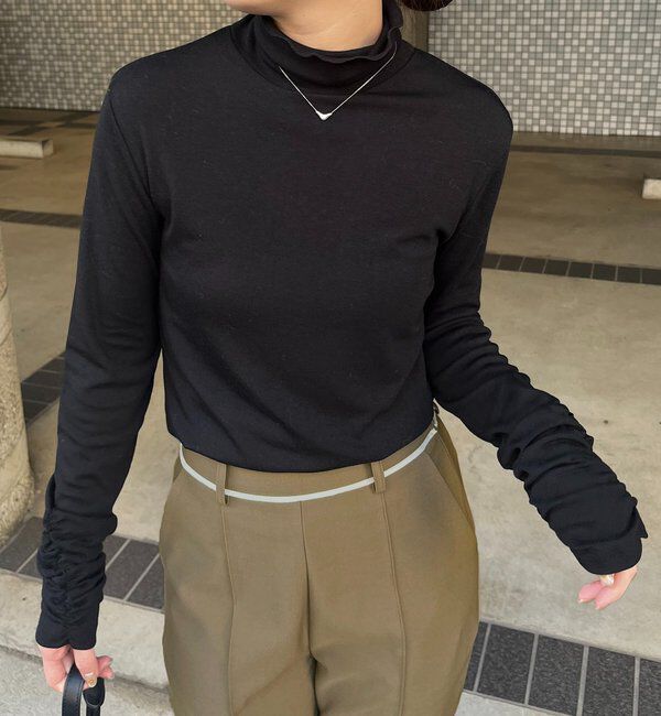  「ハイネック袖ギャザーロンT」|Tシャツ・カットソー|ブラック