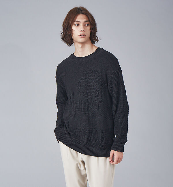 ABAHOUSE「サボテン柄 クルーネック ペーパーニット」|ニット・セーター|ブラック