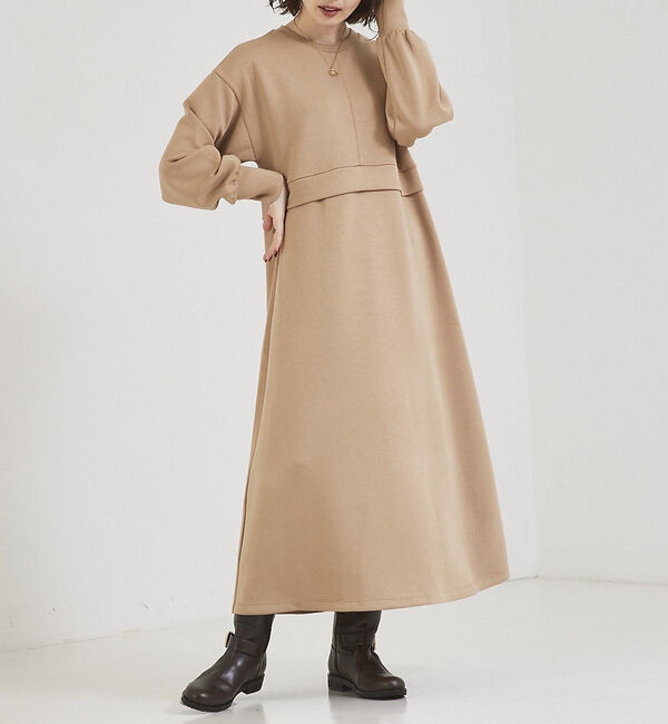 abahouse mavie「【大人のいちまんワンピ】ライトダンボールフレアーワンピ」|ワンピース|ベージュ