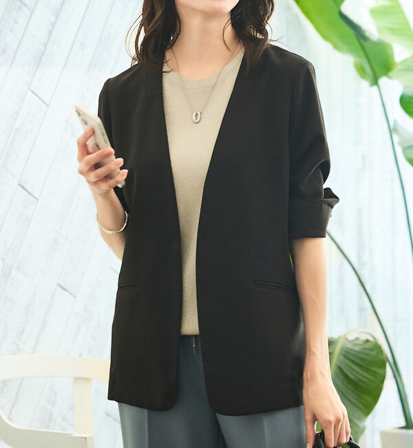 abahouse mavie「【エニデイカセット・サマー】 ジョーゼットノーカラージャケット」|ノーカラージャケット|ブラック