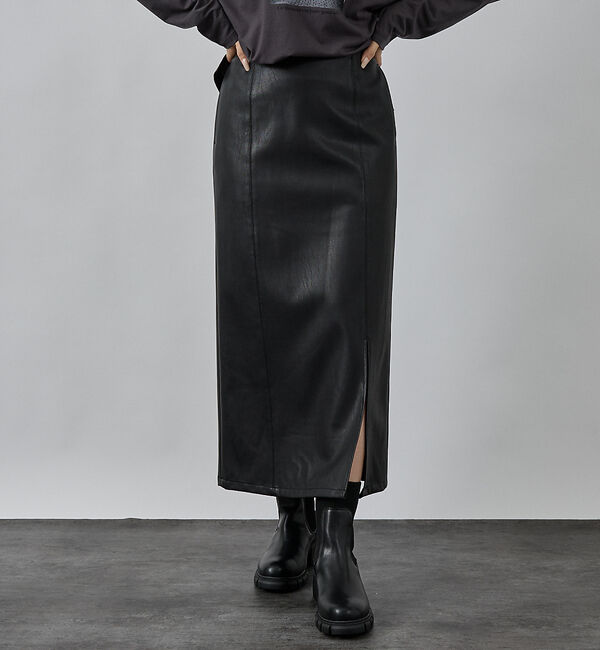 abahouse mavie「フェイクスウェード/フェイクレザースリットタイトスカート」|スカート|ブラック