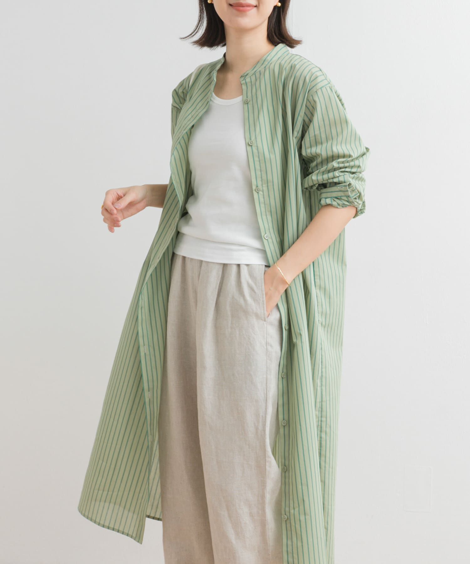 URBAN RESEARCH DOORS「カラーストライプシャツワンピース」|ワンピース|グリーン