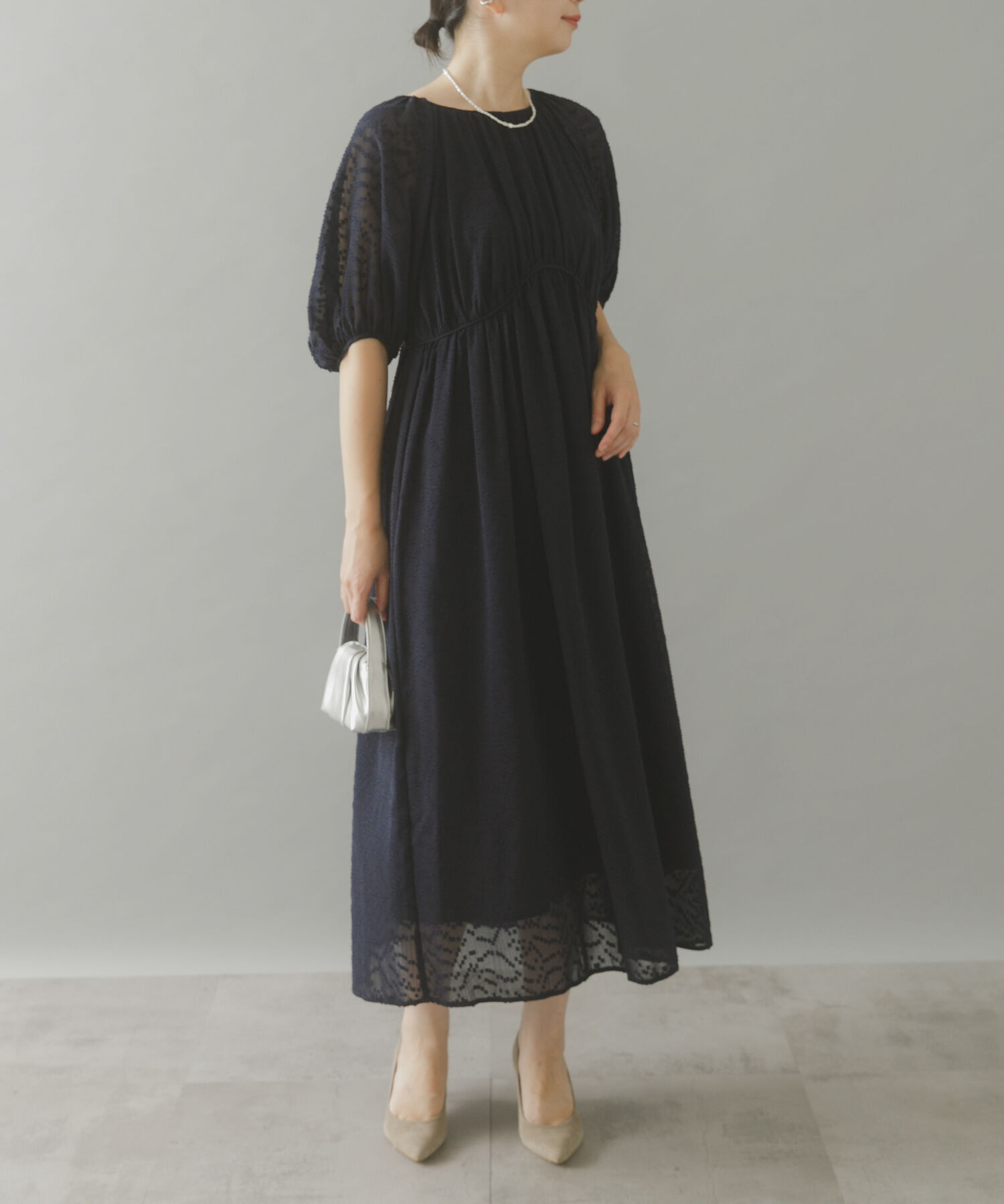 URBAN RESEARCH ROSSO「ジャガードギャザーパフドレス」|ワンピース|ネイビー