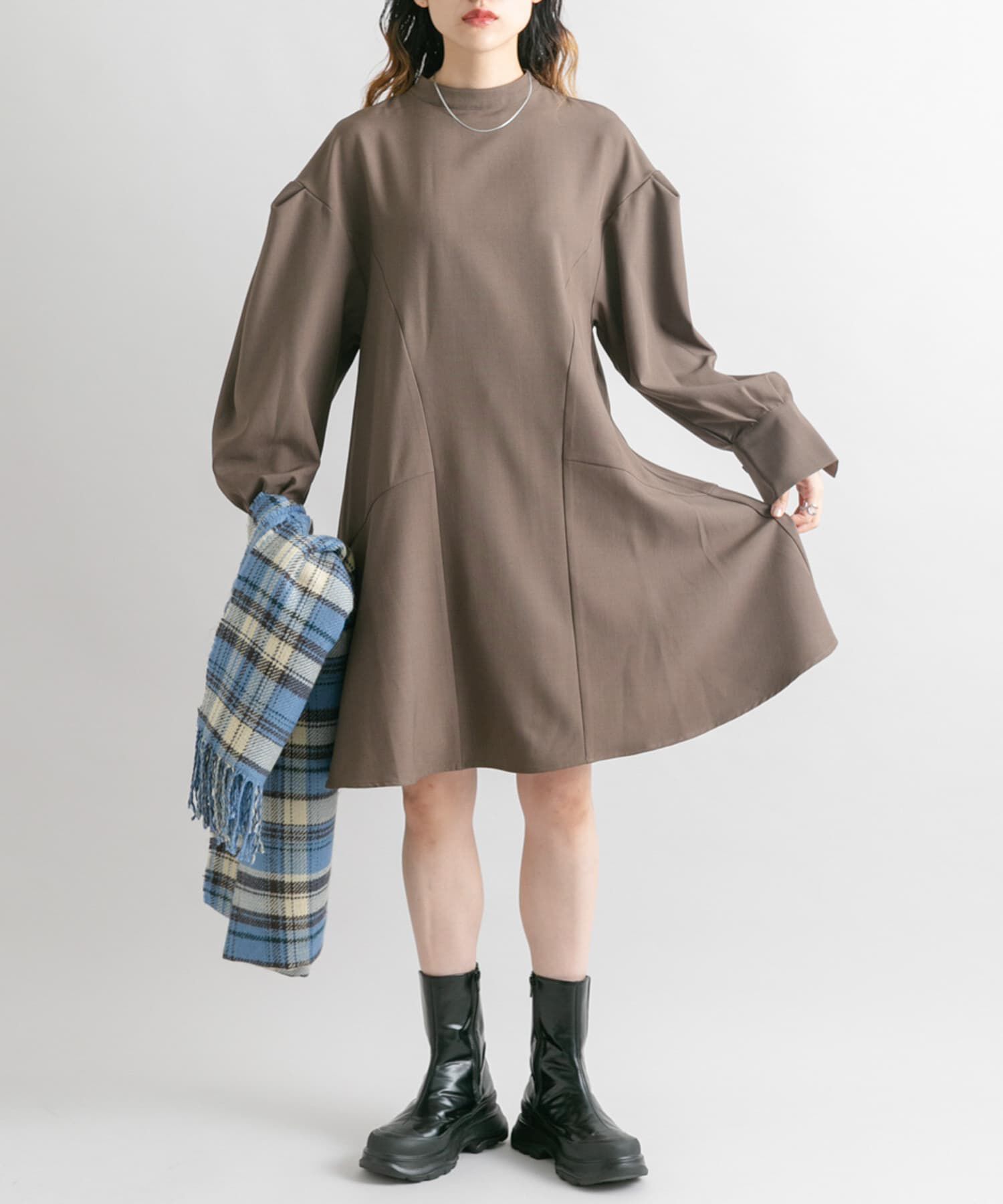  「タックスリーブミニワンピース」|ワンピース|ダークブラウン