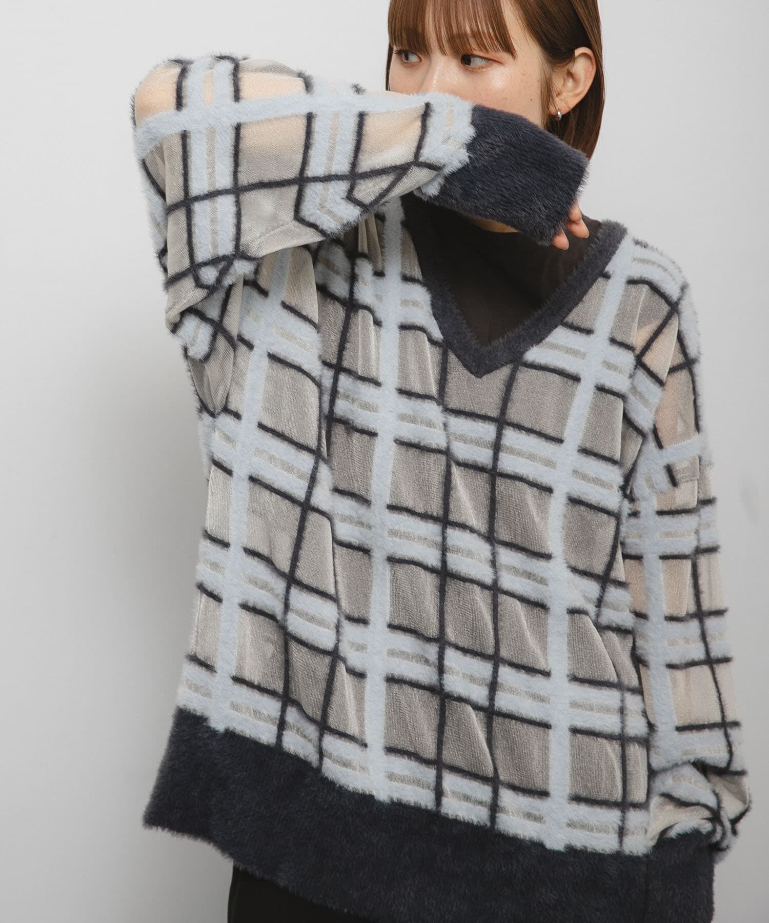  「シアーチェックフェザーニット」|ニット・セーター|グレー系その他