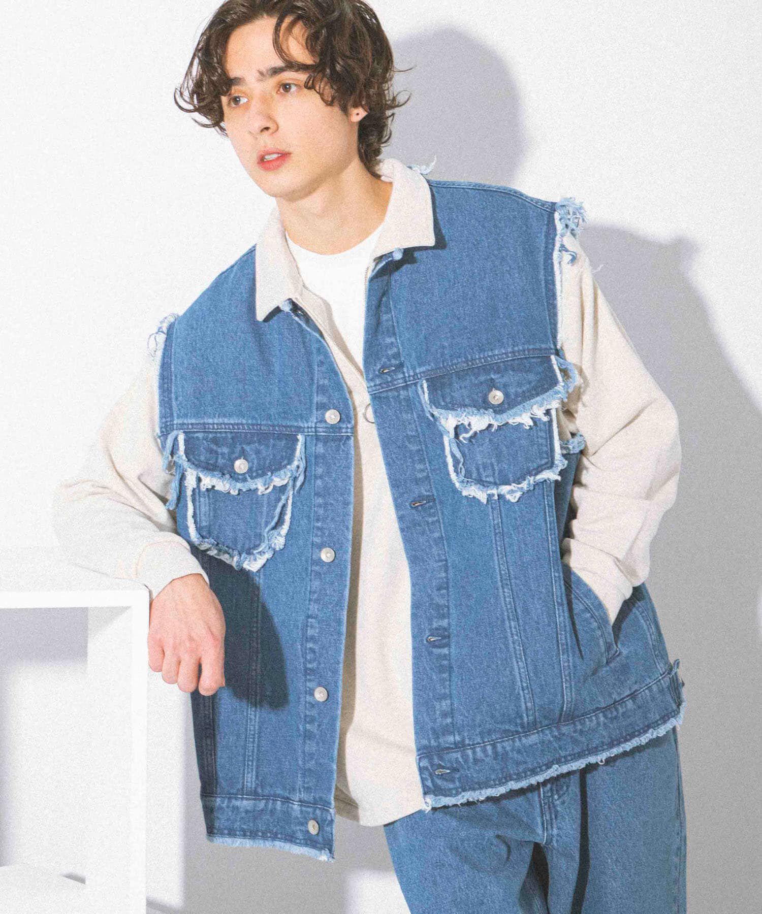 SENSE OF PLACE by URBAN RESEARCH「デニムフリンジベスト」|デニムジャケット|ライトインディゴブル