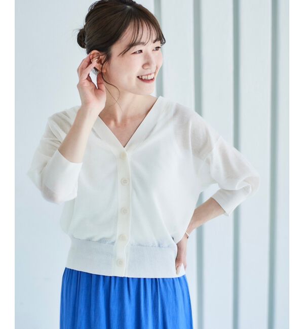 le.coeur blanc「《手洗い可能》シアーVネック7分袖カーディガン」|カーディガン|オフ