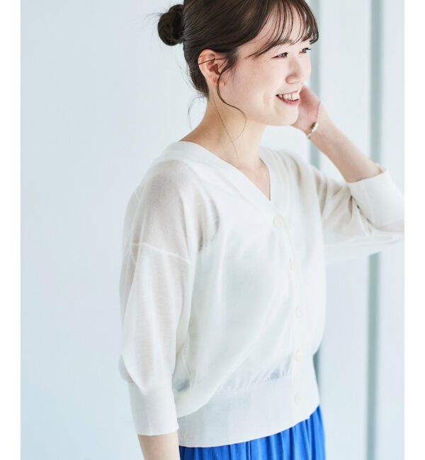 le.coeur blanc「《手洗い可能》シアーVネック7分袖カーディガン」|カーディガン|