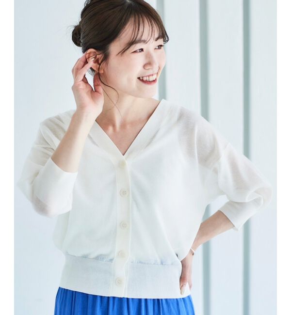 le.coeur blanc「《手洗い可能》シアーVネック7分袖カーディガン」|カーディガン|