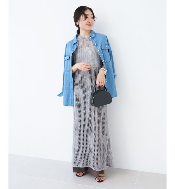  「ハシゴ調透かし柄ホールガーメントワンピース」|ワンピース|グレー