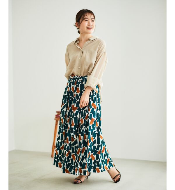  「幾何柄プリントリボン付ロングスカート」|スカート|