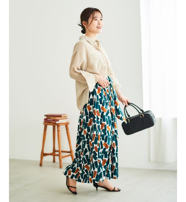  「幾何柄プリントリボン付ロングスカート」|スカート|