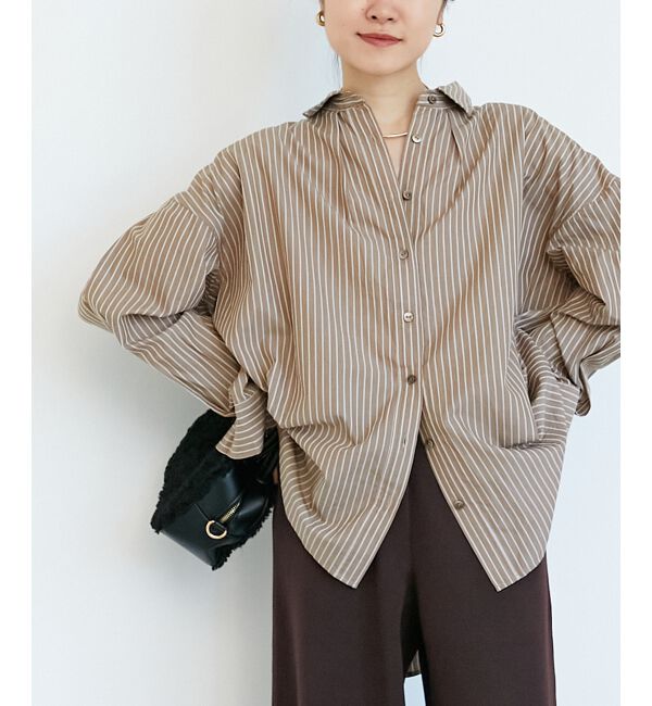  「《WEB限定アイテム》バックギャザーストライプオーバーシャツ」|シャツ・ブラウス|ブラウン柄