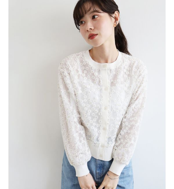  「フラワーレース刺繍ニットカーディガン」|カーディガン|