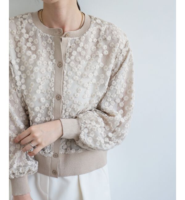  「フラワーレース刺繍ニットカーディガン」|カーディガン|