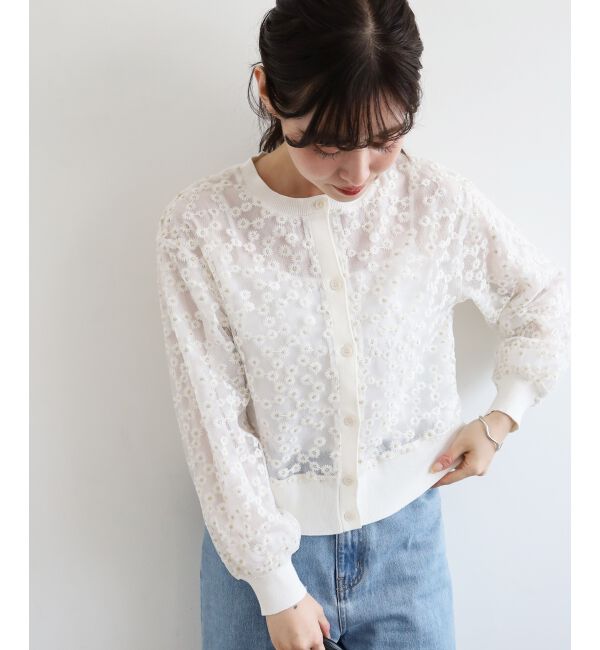  「フラワーレース刺繍ニットカーディガン」|カーディガン|