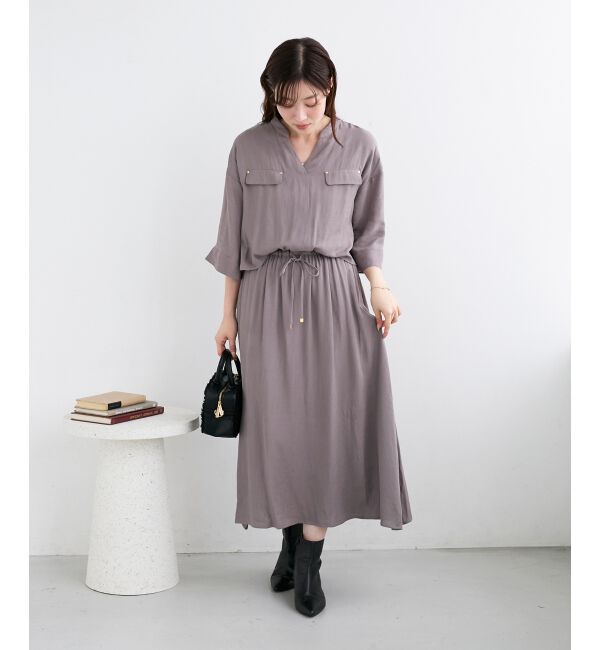  「リネンライクハーフスリーブワンピース」|ワンピース|モカ