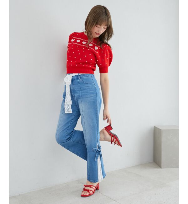  「◎レースベルトセット裾リボンデニム」|デニム|