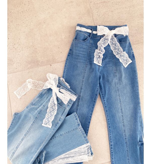  「◎レースベルトセット裾リボンデニム」|デニム|