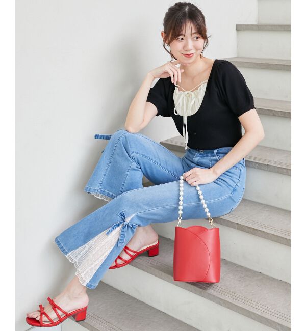  「◎レースベルトセット裾リボンデニム」|デニム|