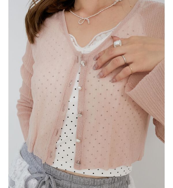  「キラキラボタンシアーカーディガン」|カーディガン|ピンク
