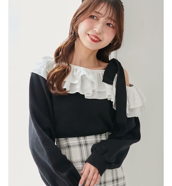  「フリルワンショル肩リボンニット」|ニット・セーター|