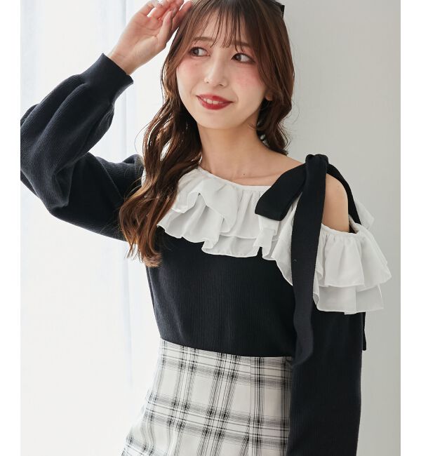  「フリルワンショル肩リボンニット」|ニット・セーター|