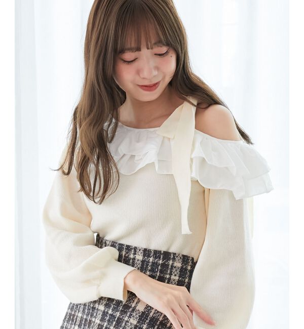  「フリルワンショル肩リボンニット」|ニット・セーター|