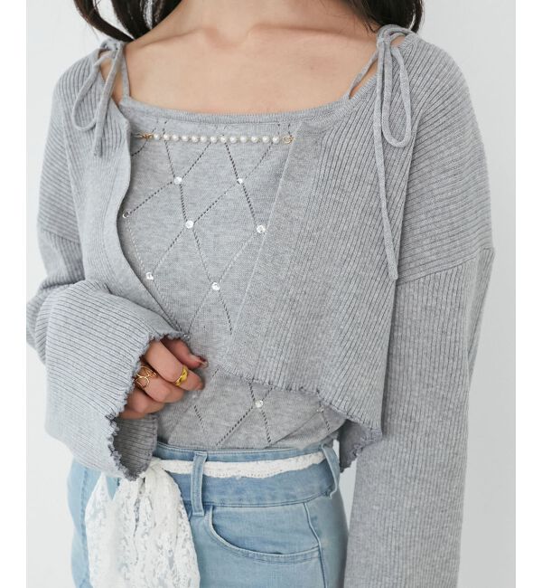  「ダイヤ柄ビジューキャミセットカーデ」|カーディガン|グレー