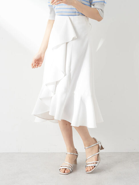 earth music&ecology「アシメペプラムフレアバックレースミディ丈スカート」|フレア|