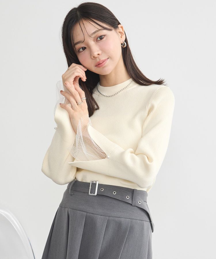 earth music&ecology「スリットチュールスリーブニットプルオーバー」|ニット・セーター|Ivory
