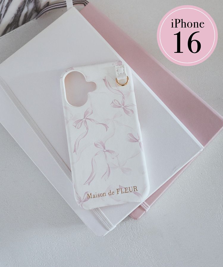 Maison de FLEUR「リボンプリントアイフォン16ケース」|モバイルケース|ピンク