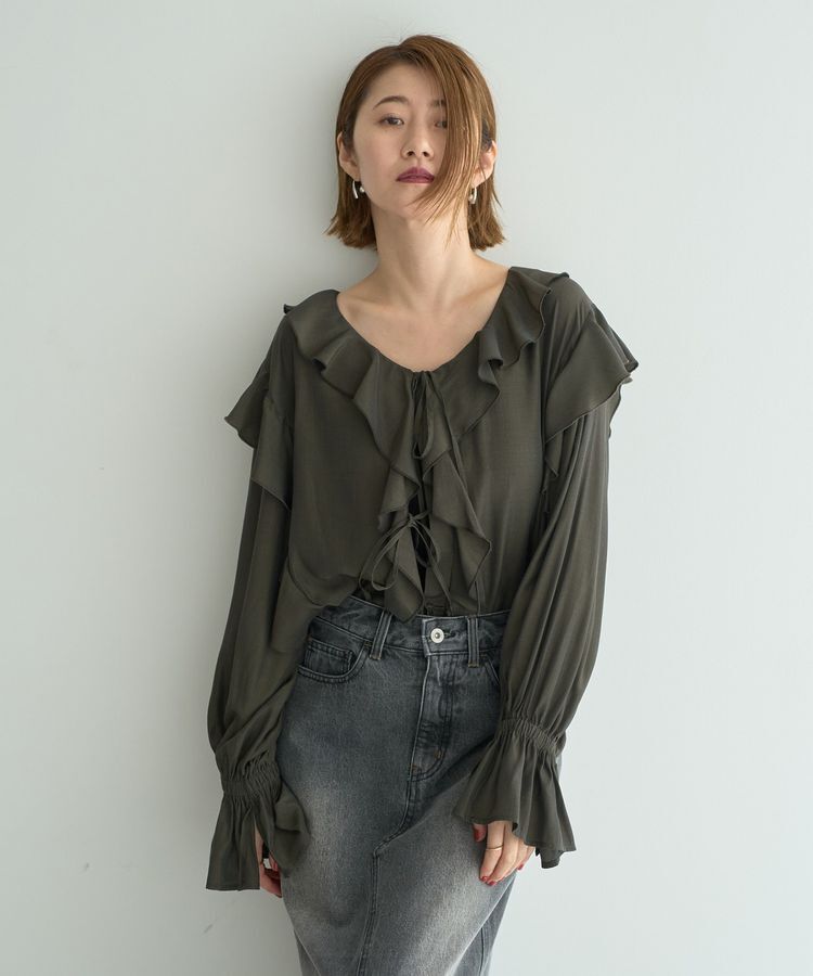 YECCA VECCA「ラッフルリボンロングブラウス」|シャツ・ブラウス|Dark Khaki
