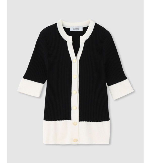 LOULOU WILLOUGHBY「◇ 【LOULOU WILLOUGHBY】バイカラーキーネック5分袖カーディガン」|カーディガン|ブラック