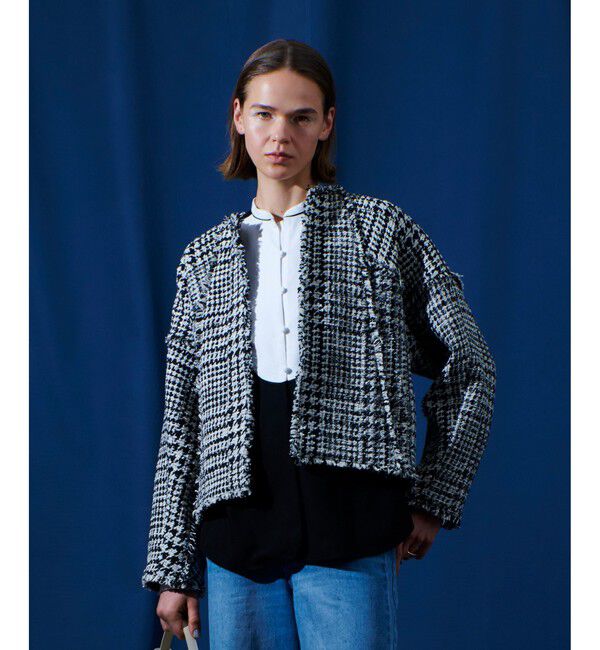 allureville「ハウンドトゥースブロッキングジャケット」|ノーカラージャケット|ブラック