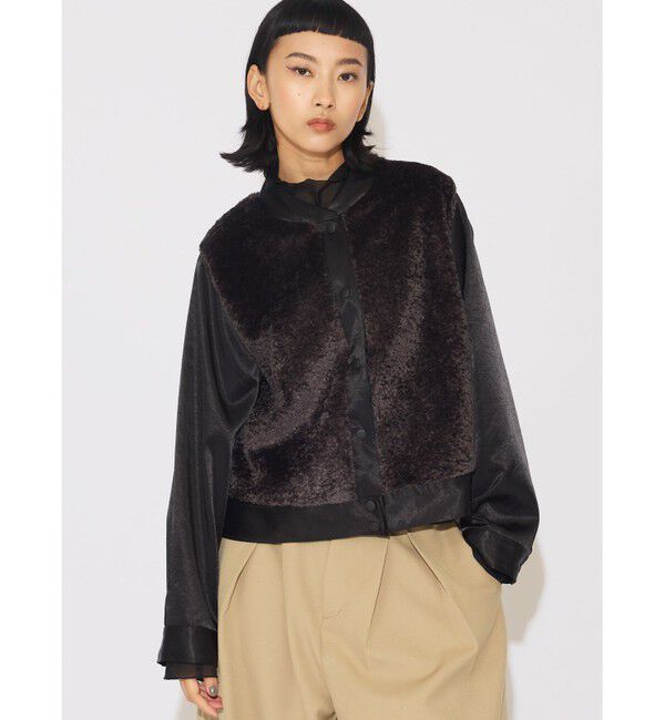 MIDIUMISOLID「MIDIUMISOLID for Ladies ボア切替ブルゾン」|テーラードジャケット|チャコールグレー