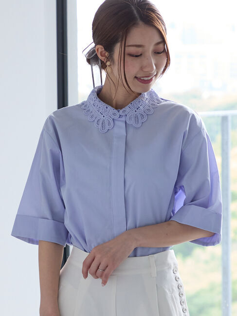 Te chichi「レースカラー5分袖シャツブラウス」|シャツ・ブラウス|サックスブルー