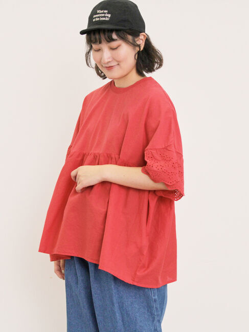 Samansa Mos2「袖レースギャザーカットソー」|Tシャツ・カットソー|レッド