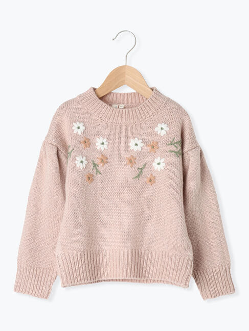  「【マシンウォッシャブル】花刺繍ニットプルオーバー」|ニット・セーター|ピンク