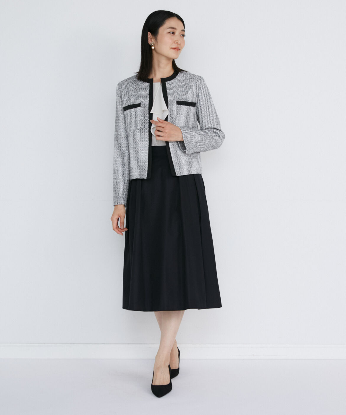 INED「ノーカラーツイードジャケット」|ノーカラージャケット|