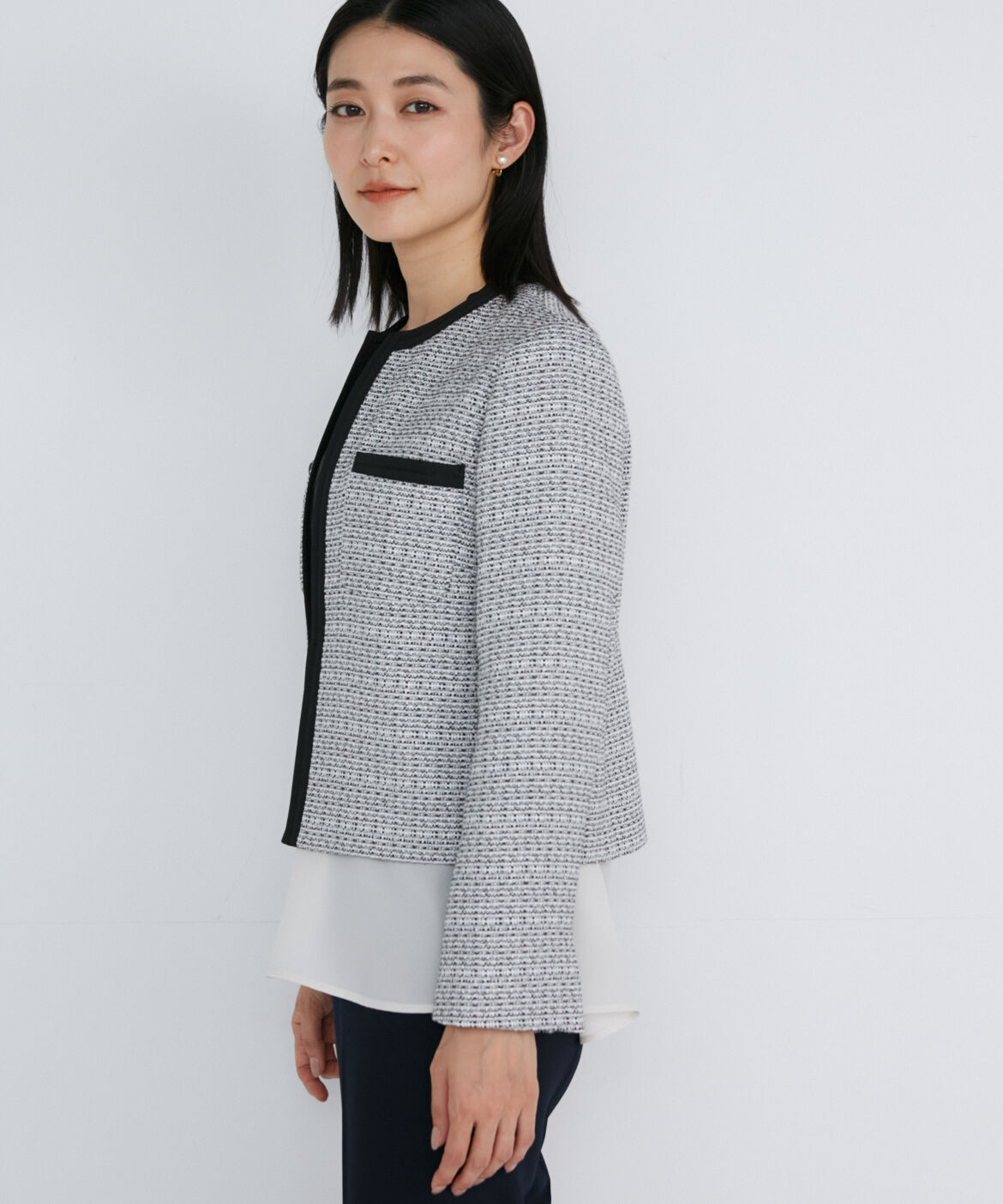 INED「《大きいサイズ》ノーカラーツイードジャケット」|ノーカラージャケット|
