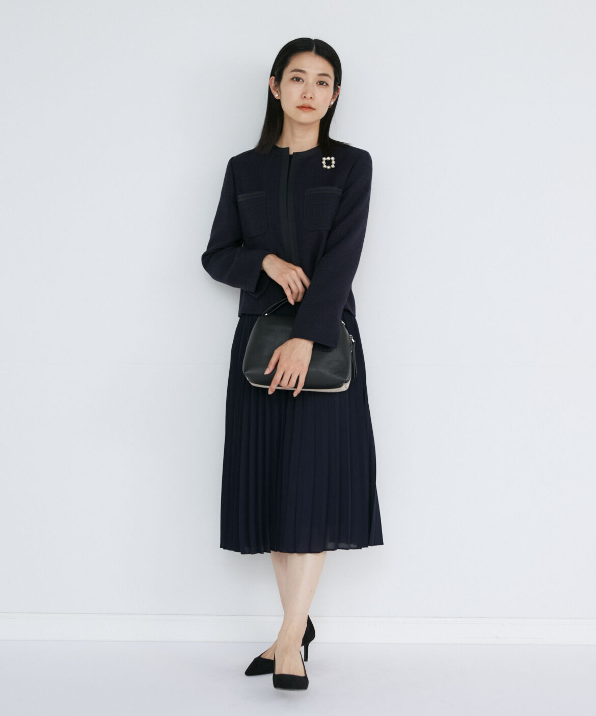 INED「《大きいサイズ》ノーカラーツイードジャケット」|ノーカラージャケット|