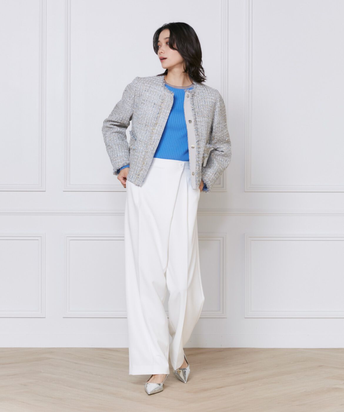 INED「《大きいサイズ》ノーカラーツイードジャケット《Lanificico Campore》」|ノーカラージャケット|