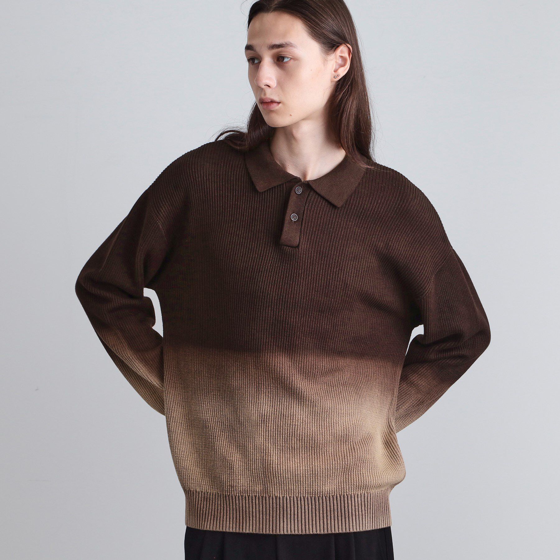 tk.TAKEO KIKUCHI「畦編みニットポロシャツブリーチ」|ニット・セーター|ブラウン(044)