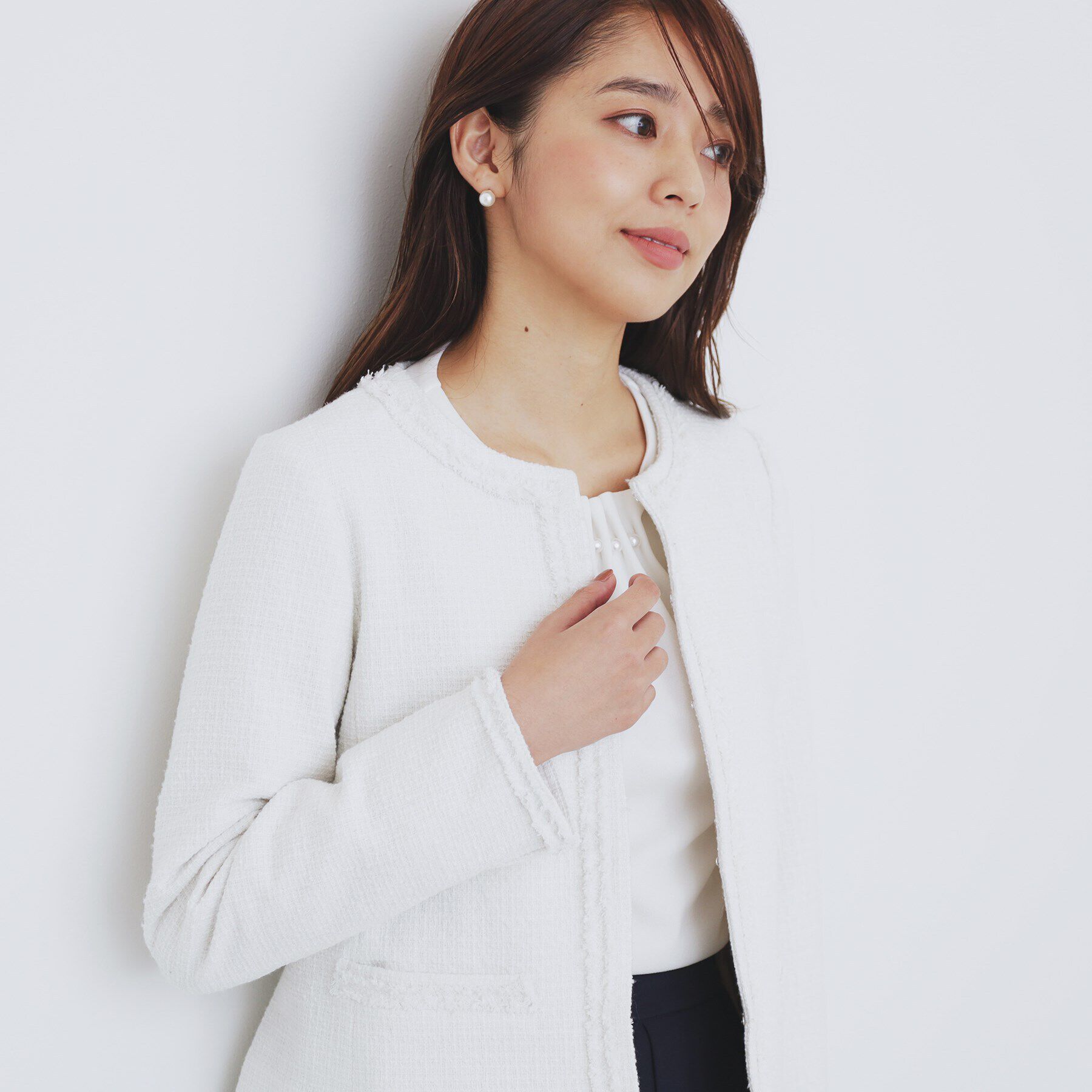 index「＜通勤・セレモニー/セットアップ対応＞ノーカラーツイードジャケット【洗える】」|ノーカラージャケット|