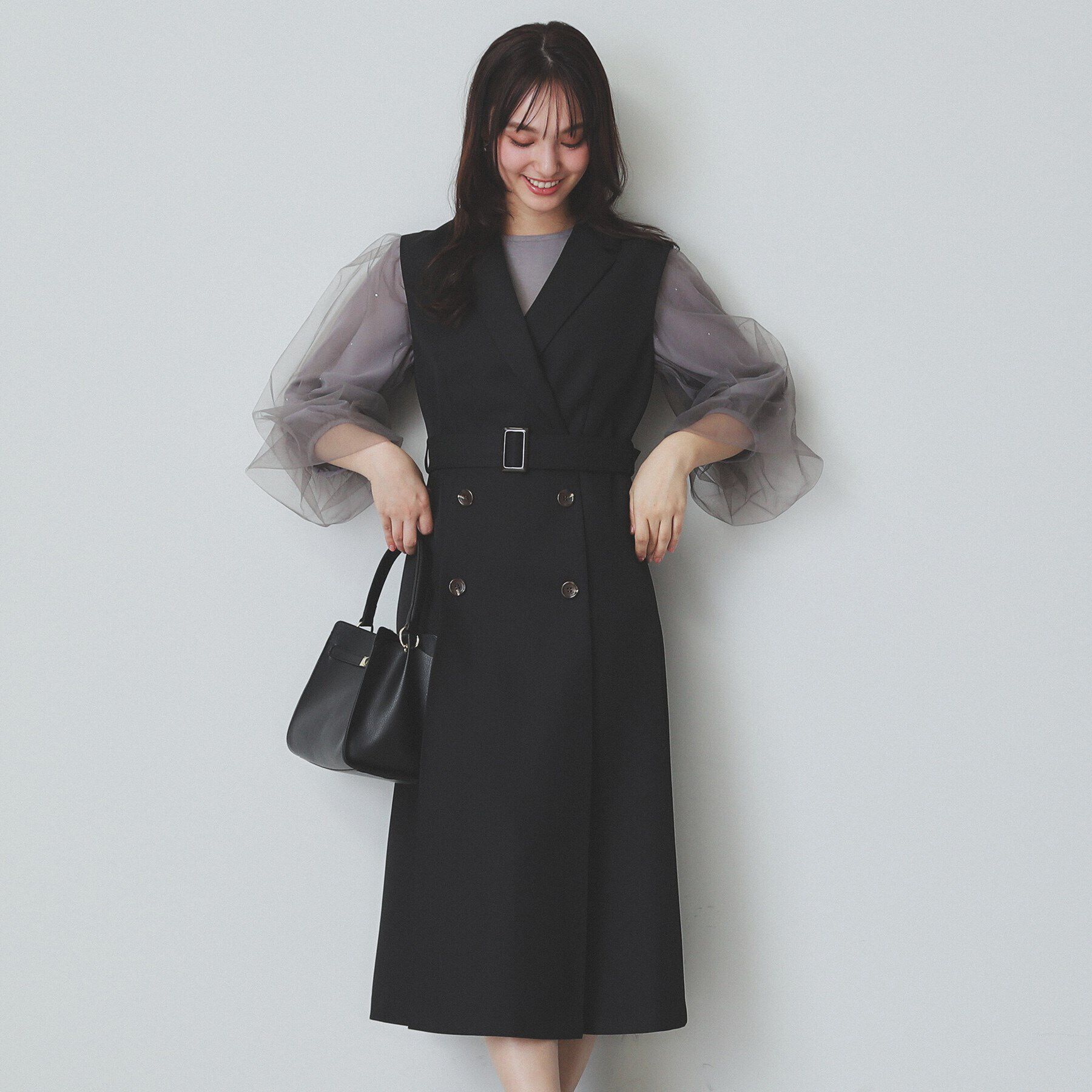 index「衿付きトレンチワンピース【洗濯機洗い可/防シワ/イージーアイロン】」|ワンピース|ブラック(019)