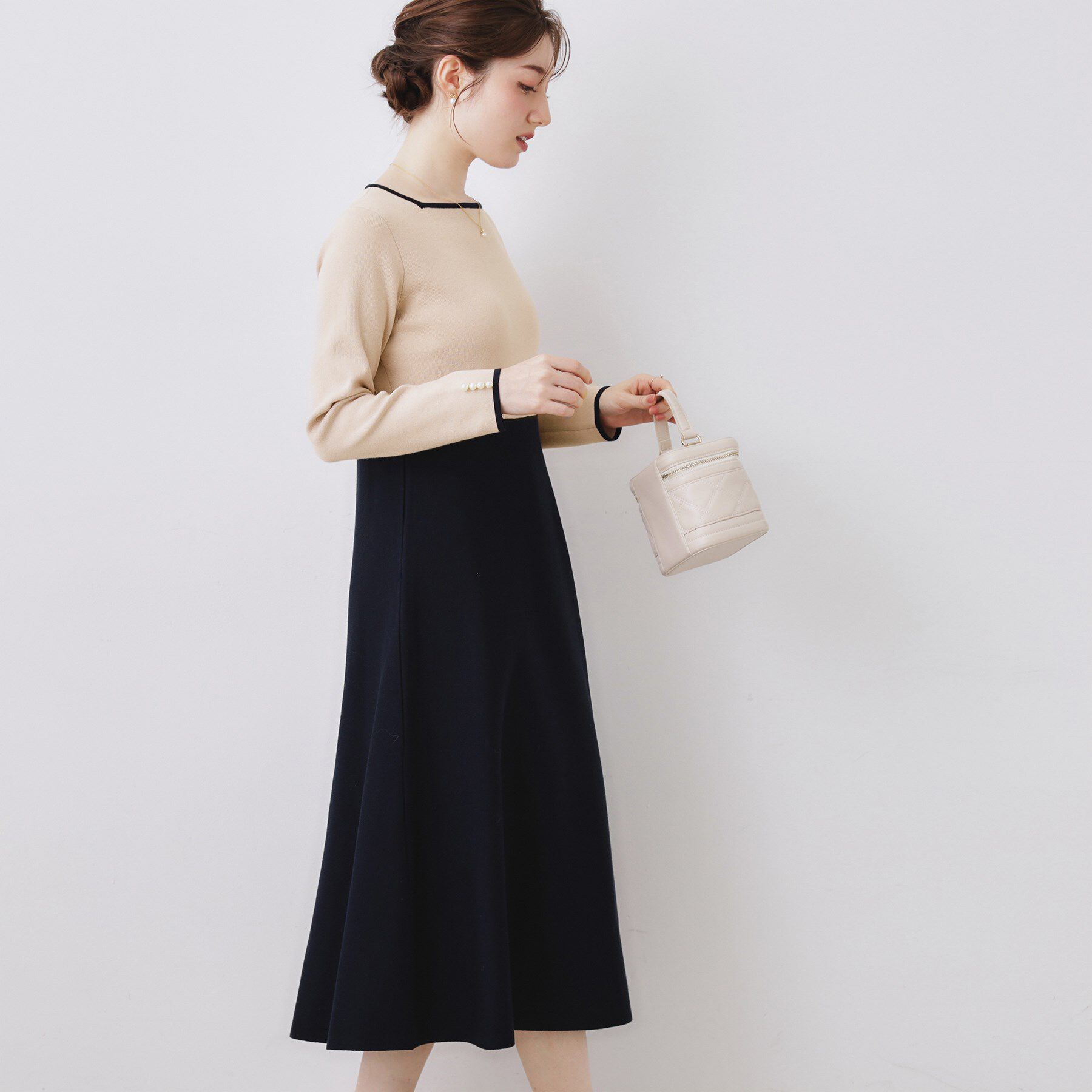 Couture broach「【通勤】スクエアネック バイカラー ニットワンピース」|ワンピース|